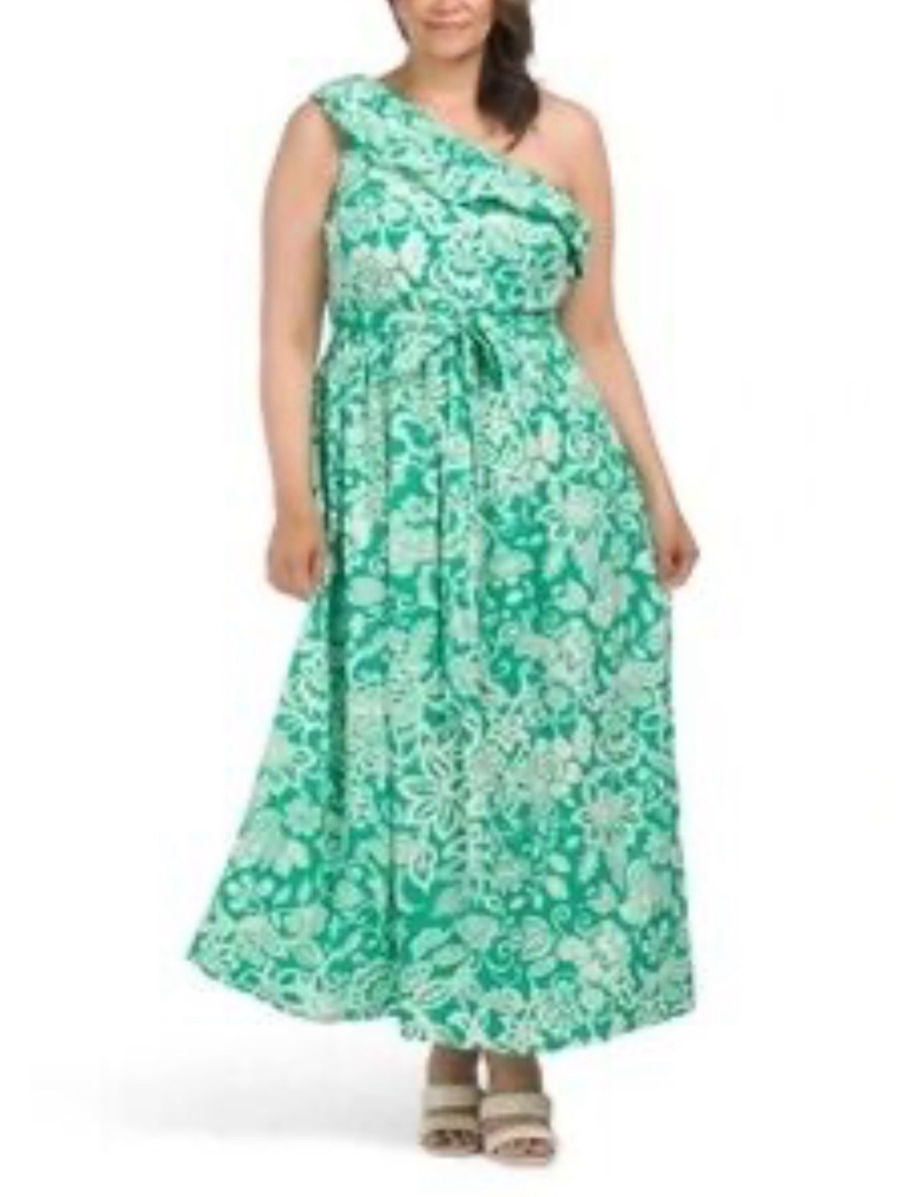 Maison Tara One-Shoulder Green Floral Maxi Dress Tie Waist size 20W